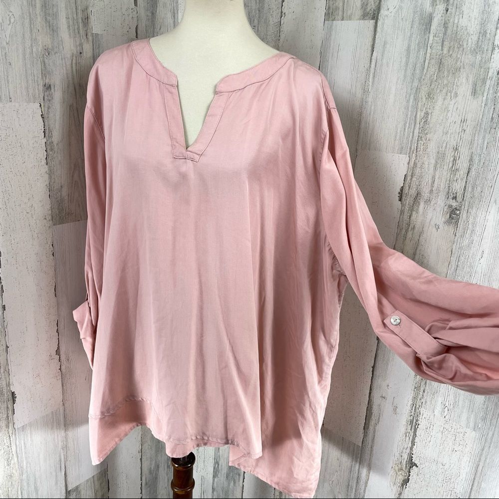 Multiples Women's Plus Size Pink V Neck Long Roll Tab Sleeve Shirt Top Blouse